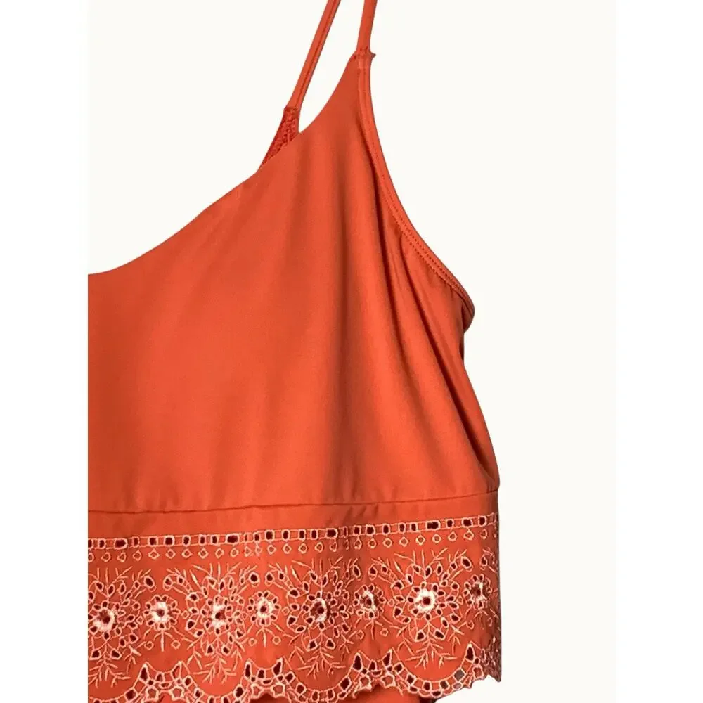 Women’s Tankini Swim Top Coral Pink Eyelet Lace Ruffle Padded Strappy 14”